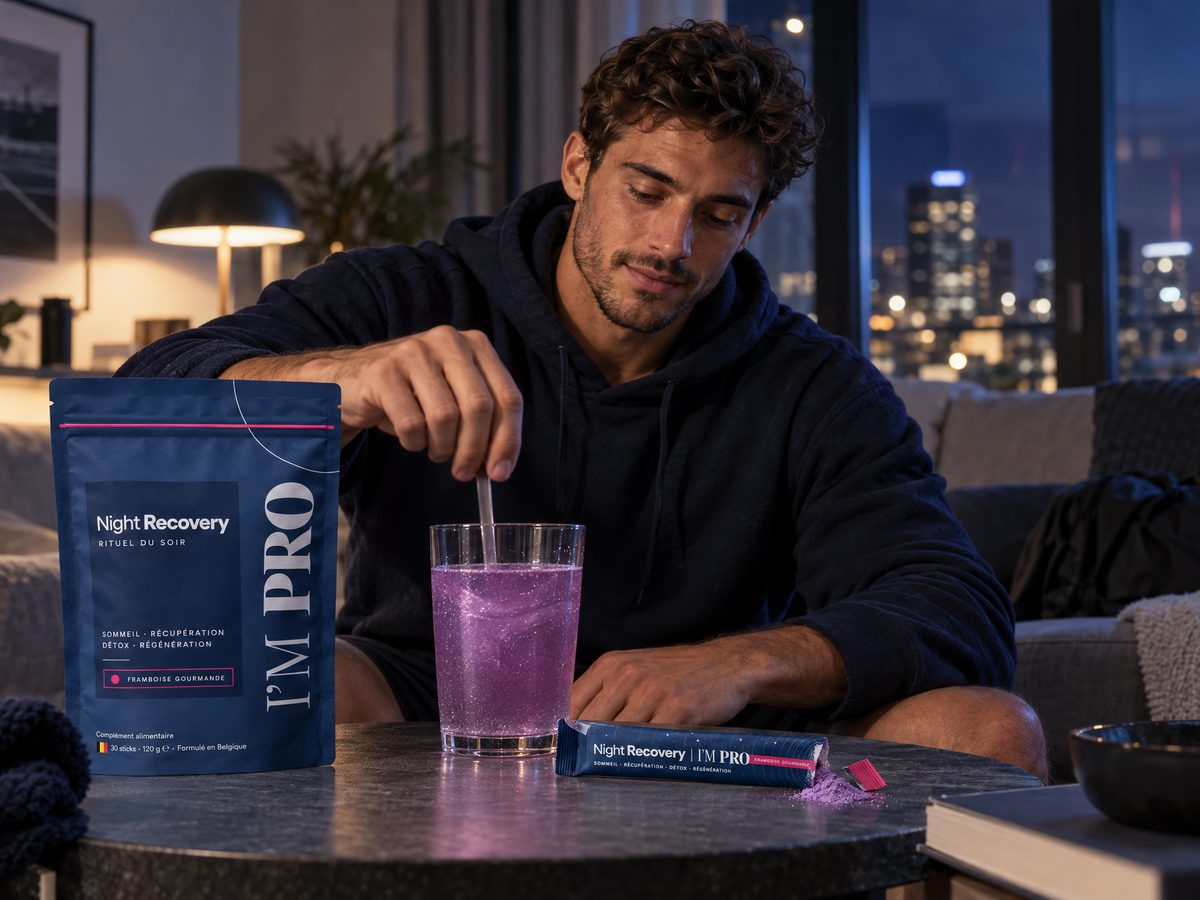 Le soir, devant les lumières de la ville, un homme remue son Night Recovery dans un verre, à côté du sachet.