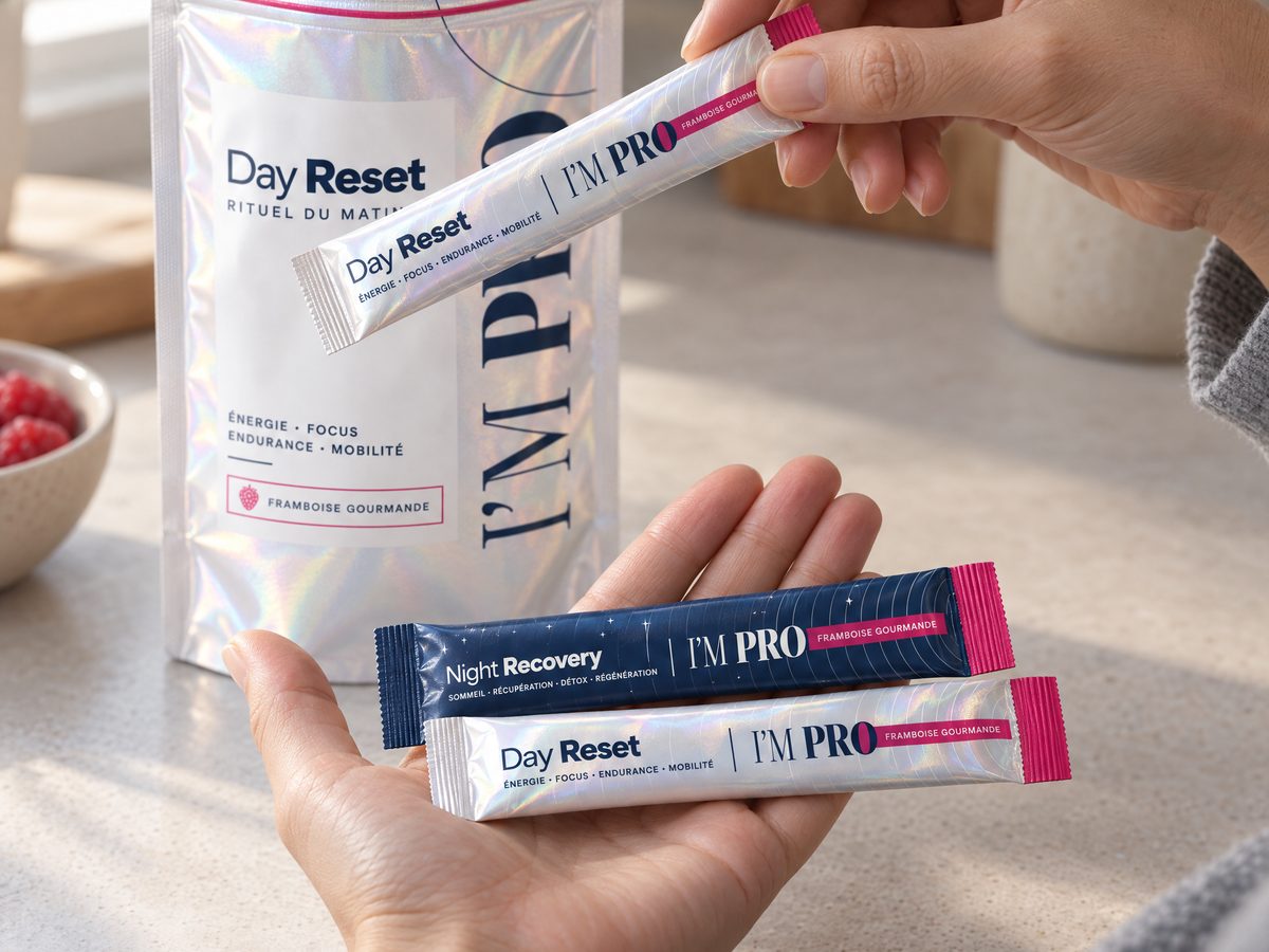 Une main sort un stick Day Reset du sachet nacré, et l’autre tient un Day Reset et un Night Recovery.