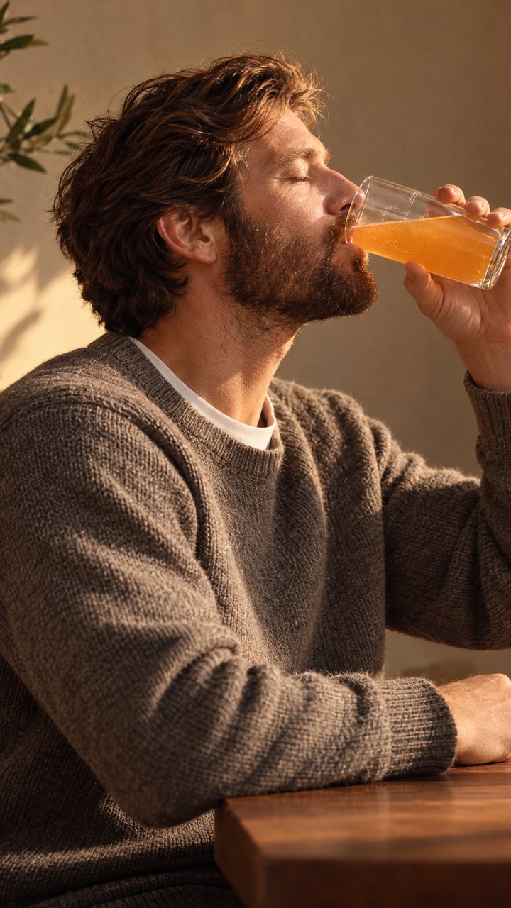 Un homme boit un verre orange le matin, le sachet Day Reset posé sur la table