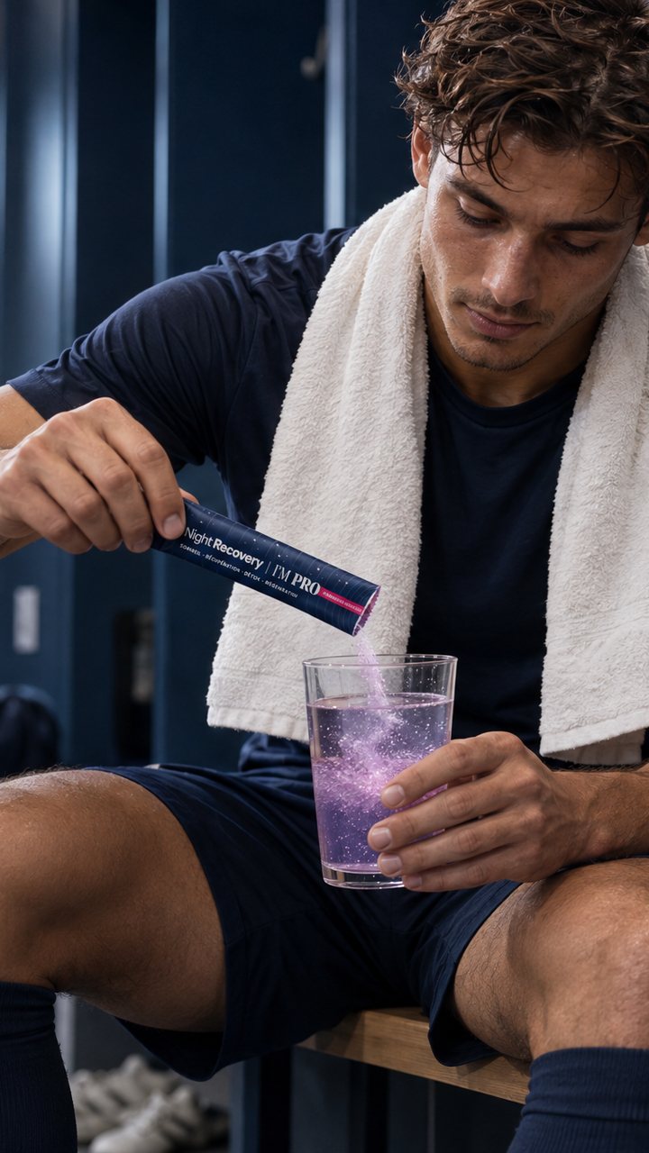 Dans un vestiaire, un homme verse un stick Night Recovery dans un verre d’eau