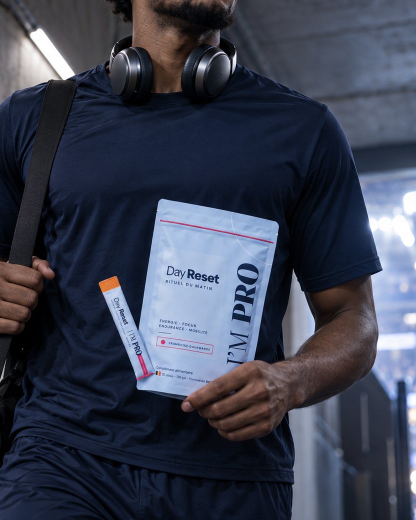 Un sportif marche dans le tunnel d’un stade, un sachet Day Reset et un stick à la main